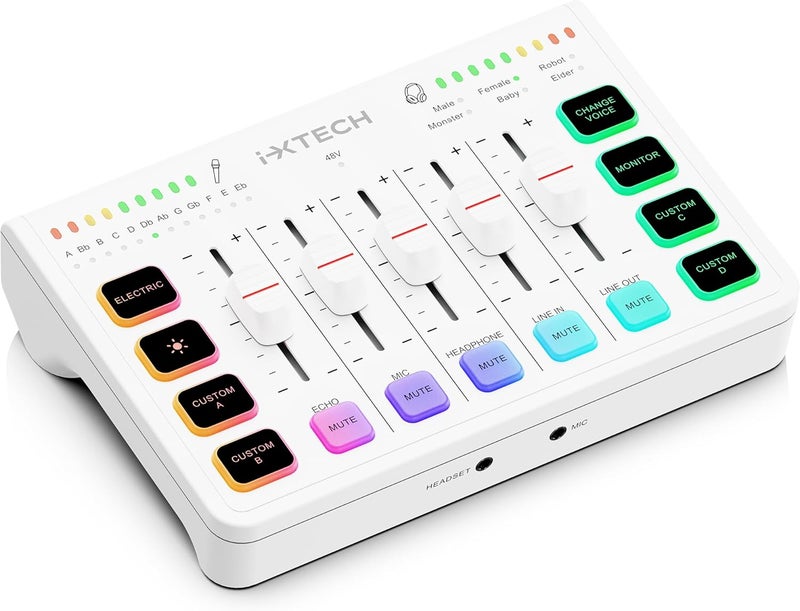 i-XTECH Gaming Audio Mixer 4 Channel Soundboard, Streaming RGB PC Audio Interface with XLR Microphone Support, Audio Equalizer for Gaming Podcast Streaming Karaoke, Individual Volume Controls (White) - Image 1